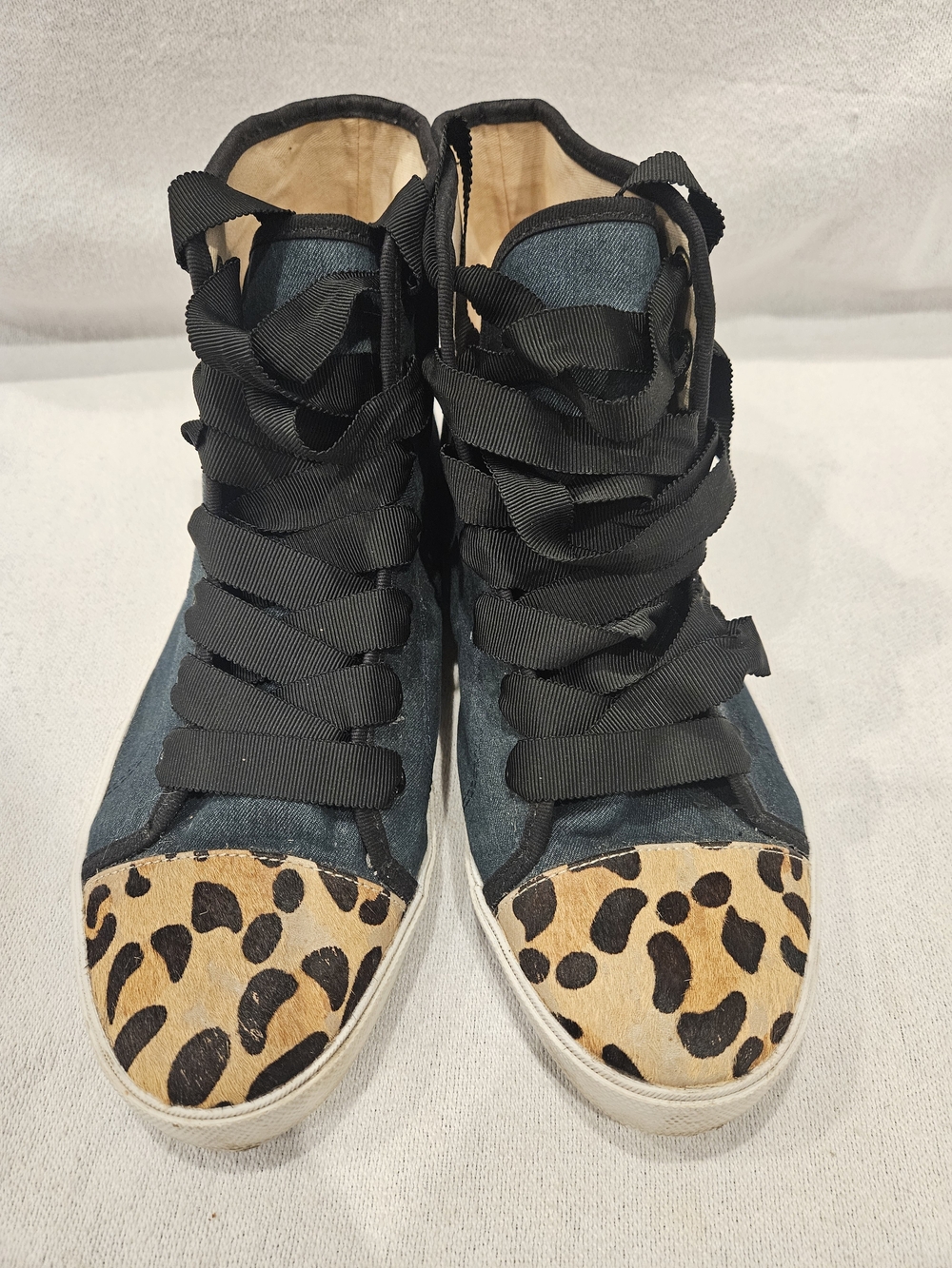 Kate Spade Linus Denim & Animal Print Calf Hair High Top Sneakers womens size 9 - Picture 3 of 11